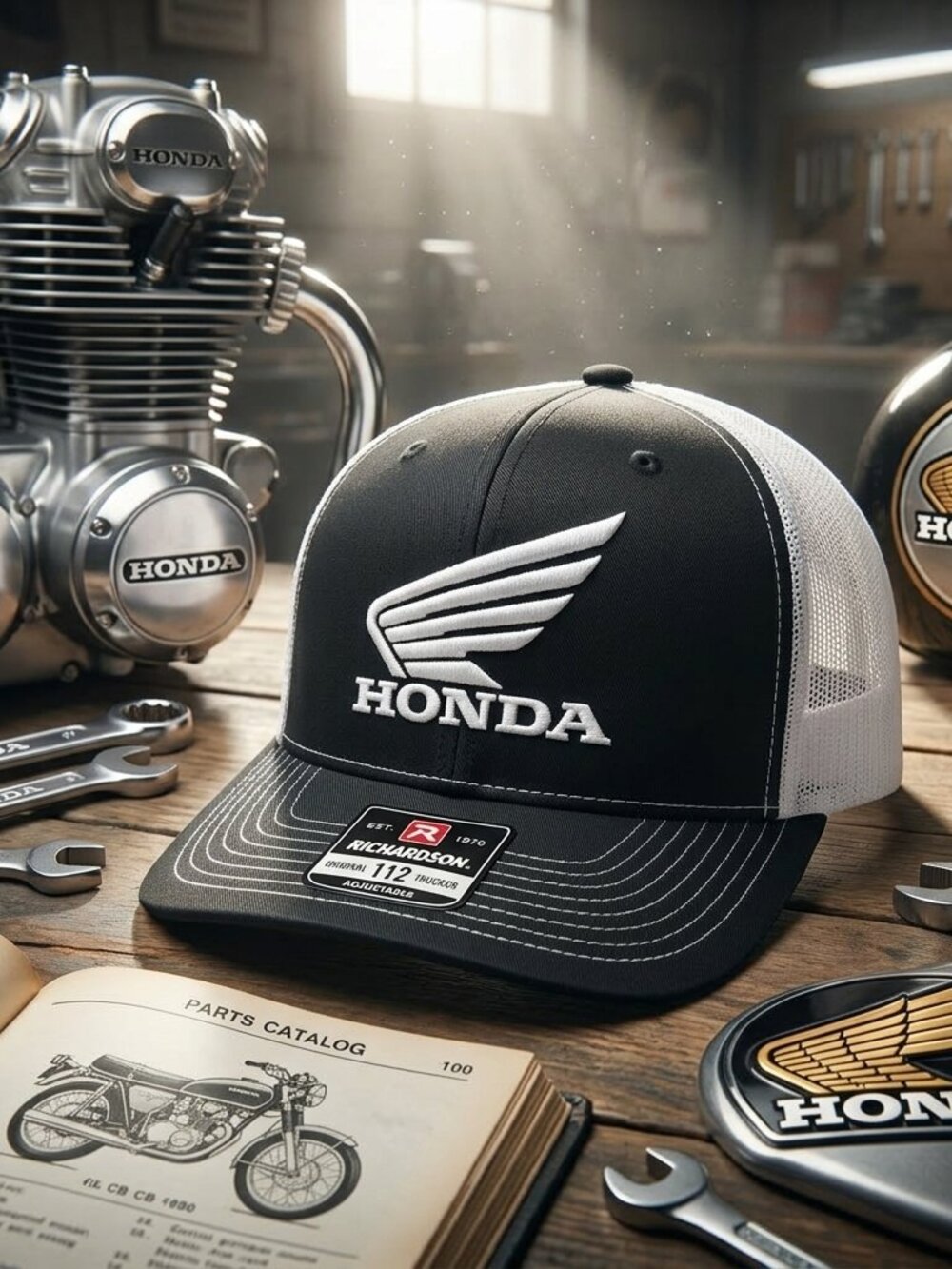 Honda Racing Wing Embroidered Black White Richardson 112 Trucker Hat MotoGP MX